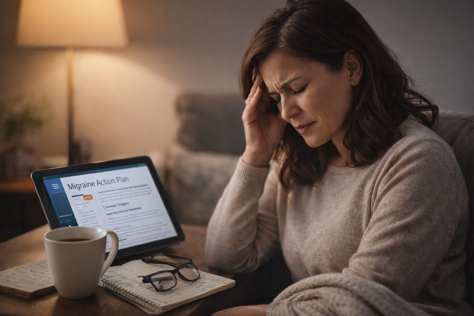 Woman with migraine and action plan